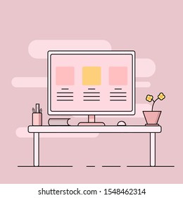Computer desk, Work desk vector pink tone flat design.