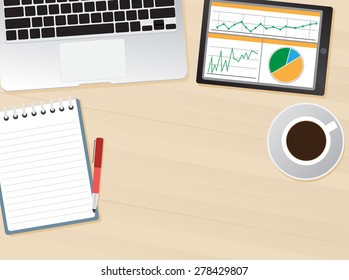 Computer desk, workplace cartoon, business concept, vector