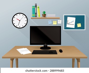 Computer Desk, Workplace Cartoon, Business Concept, Vector