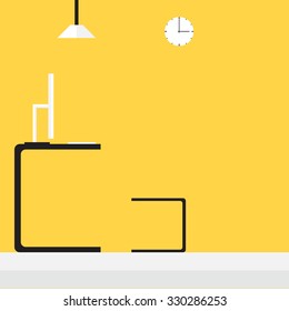 Computer desk workplace with flat design on yellow background, vector illustration