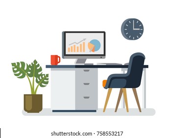 Computer desk workplace. Flat style vector illustration