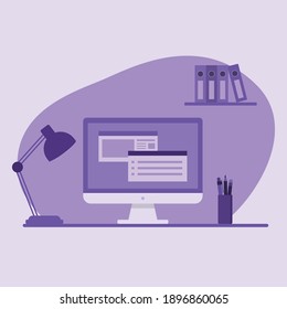 Computer desk workplace. Flat vector illustration. Concept