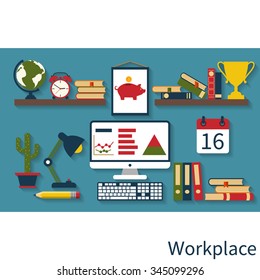 Computer desk, workplace. Interior workplace flat design. Vector illustration.