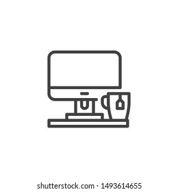 Computer desk, workplace line icon. linear style sign for mobile concept and web design. Workspace with computer monitor tea cup outline vector icon. Symbol, logo illustration. Vector graphics