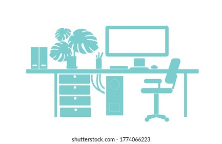 Computadora, lugar de trabajo para oficina o trabajo independiente, trabajo en casa. Silueta vectorial simple.
