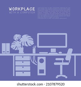Computer Desk, workplace for office or freelancing, work at home. Simple vector silhouette in very peri color.