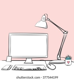 Computer desk, workplace in pink color