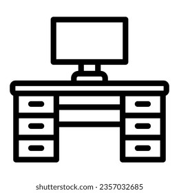 Escritorio de ordenador, lugar de trabajo, tabla con icono de línea de cajones, concepto de mobiliario, signo de vector de oficina sobre fondo blanco, icono de estilo de contorno para concepto móvil y diseño web. Gráficos vectoriales