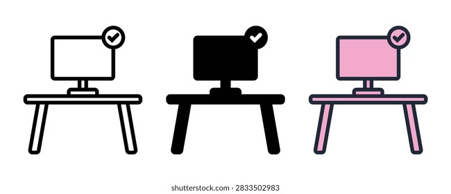 Computer desk workstation with approved checkmark vector icon set for office and remote work concepts