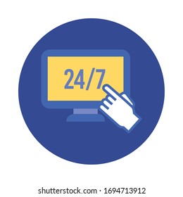 escritorio informático con diseño de ilustración vectorial de estilo plano y bloque de servicio 24 7