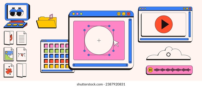 Computer-Desktop im Stil der 90er Jahre.Y2K Web- und Grafikdesign-Konzept. App-Fenster, Tastaturkürzel, Symbole. Trendstil des Neobrutalismus.