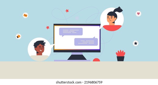 Computer Desktop with chat flat vector illustration. SEO, search engine optimization, settings, top ranking concept