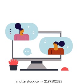 Computer Desktop with chat flat vector illustration. SEO, search engine optimization, settings, top ranking concept