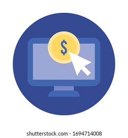 computer desktop with coin and arrow block and flat style icon vector illustration design