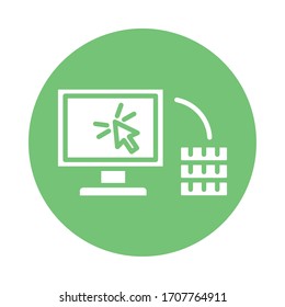 escritorio informático con diseño vectorial de icono de estilo de bloque de monedas y flechas