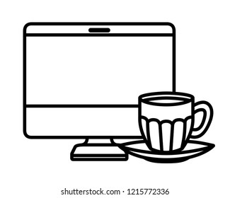 computer desktop with cup of coffee isolated icon