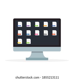Computer desktop with different files. Monitor display with different types of document. Vector