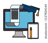 computer desktop with hat garduation and notebook