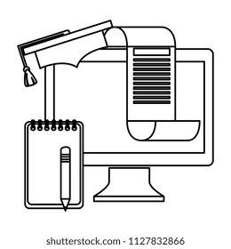 computer desktop with hat garduation and notebook