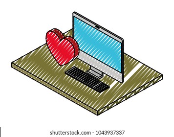 computer desktop with heart isometric icon