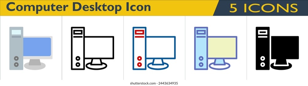 Computer Desktop icon with 5 styles (outline, color lineal, color outline, solid and color)