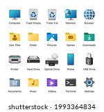 Computer desktop icons pack. Theme customization element. New eleven icon. Home, network, recycle bin, trash, web browser, user files, folder, pictures, games, downloads, printer, hard disk, settings.