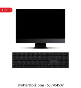 Computer with desktop keyboard, front view vector design. Realistic monitor, screen mockup isolated on white background for banner, flyers or advertising.