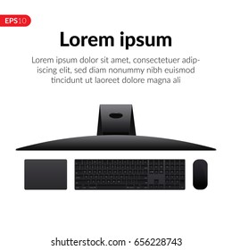 Computer with desktop keyboard, mouse and trackpad vector design. Realistic monitor, screen mockup isolated on white background for banner, flyers or advertising.