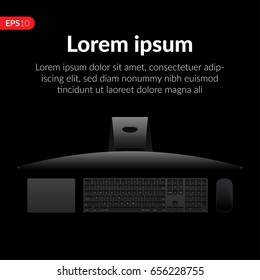 Computer with desktop keyboard, mouse and trackpad vector design. Realistic monitor, screen mockup isolated on black background for banner, flyers or advertising.