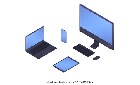 Computer, desktop, laptop , smarthope and tablet device in a set. Isometric computers isolated