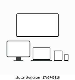 Computer desktop, laptop, tablet pc, smartphone or mobile phone, tv monitor icon set isolated on white background. Electronic devices with white screen collection. Flat design vector illustration.