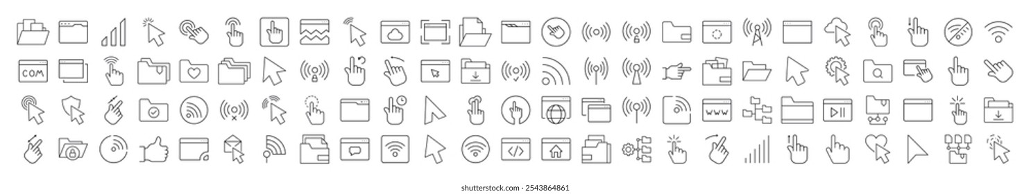 Pacote de ícones da linha de desktop do computador. Coleção moderna para design, sites, aplicativos, cartões. Contém imagens lineares do cursor, ondas Wi-Fi, pastas, páginas da Web