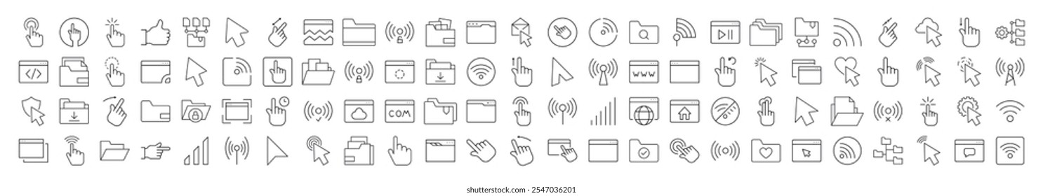 Coleção de Ícones da Linha da Área de Trabalho do Computador. Coleção moderna para design, sites, aplicativos, cartões. Contém imagens lineares do cursor, ondas Wi-Fi, pastas, páginas da Web