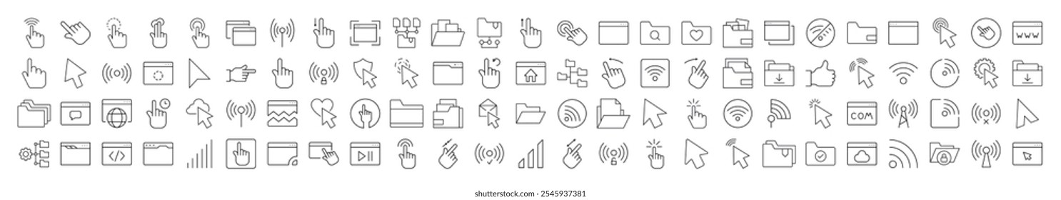 Pacote de ícones da linha do computador desktop. Coleção moderna para design, sites, aplicativos, cartões. Contém imagens lineares do cursor, ondas Wi-Fi, pastas, páginas da Web