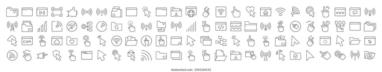 Conjunto de ícones da linha da área de trabalho do computador. Coleção moderna para design, sites, aplicativos, cartões. Contém imagens lineares do cursor, ondas Wi-Fi, pastas, páginas da Web