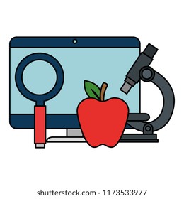 computer desktop with magnifying glass and apple