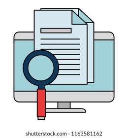computer desktop with magnifying glass and document