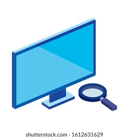 computer desktop with magnifying glass isolated icon vector illustration design