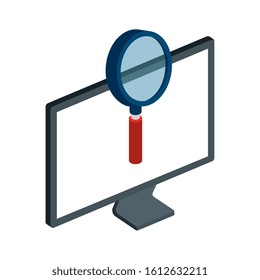 computer desktop with magnifying glass vector illustration design