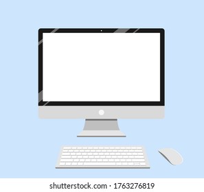 Computer desktop screen mockup with wireless keyboard and mouse. Flat icon design of LCD monitors with blank screens on light blue background.