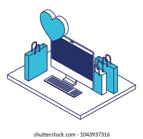 computer desktop with shopping bags and heart isometric icon