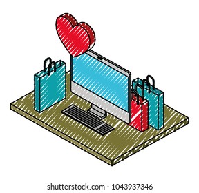 computer desktop with shopping bags and heart isometric icon