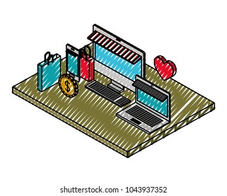 computer desktop with shopping bags and heart isometric icon
