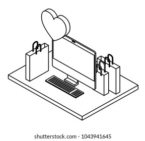 computer desktop with shopping bags and heart isometric icon