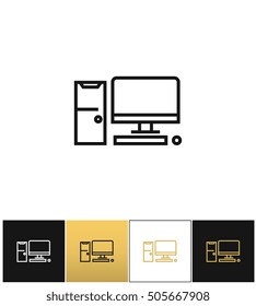 Computer desktop sign or PC vector icons on black, white and gold backgrounds