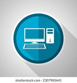 Computer, desktop symbol, flat design vector blue icon with long shadow