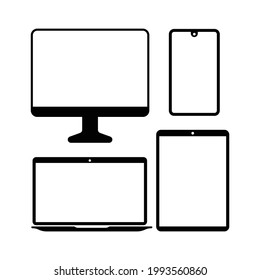 Schwarze Symbole auf dem Desktop, der Registerkarte, dem Laptop und dem Smartphone des Computers, auf weißem Hintergrund