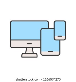 computer desktop, table and smart phone, device icon, editable stroke outline