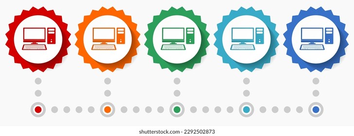 Computer, desktop vector icon set, colorful infographic template, set of flat design badge icons in 5 color options