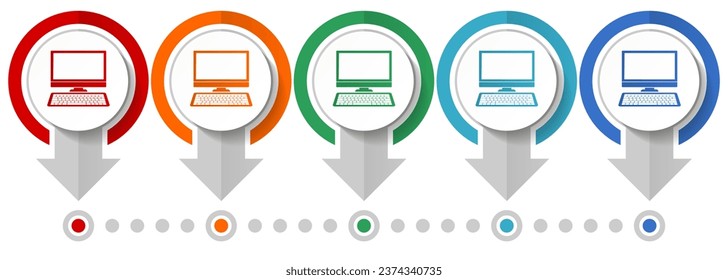 Computer, desktop vector icon set, flat design infographic template, set pointer concept icons in 5 color options for webdesign and mobile applications